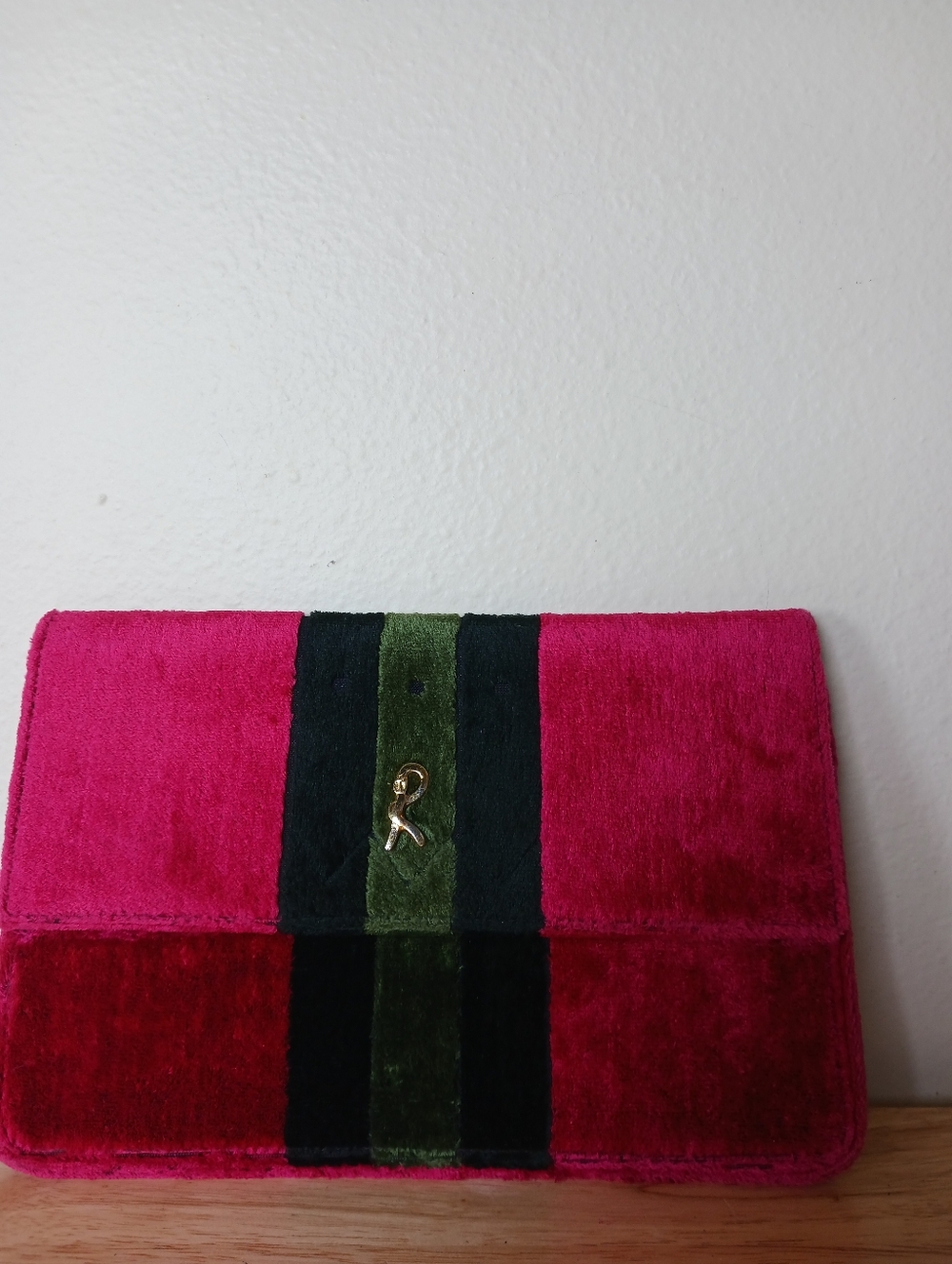 Roberta Di Camerino Fuchsia Velvet Clutch with Green & Black Stripes